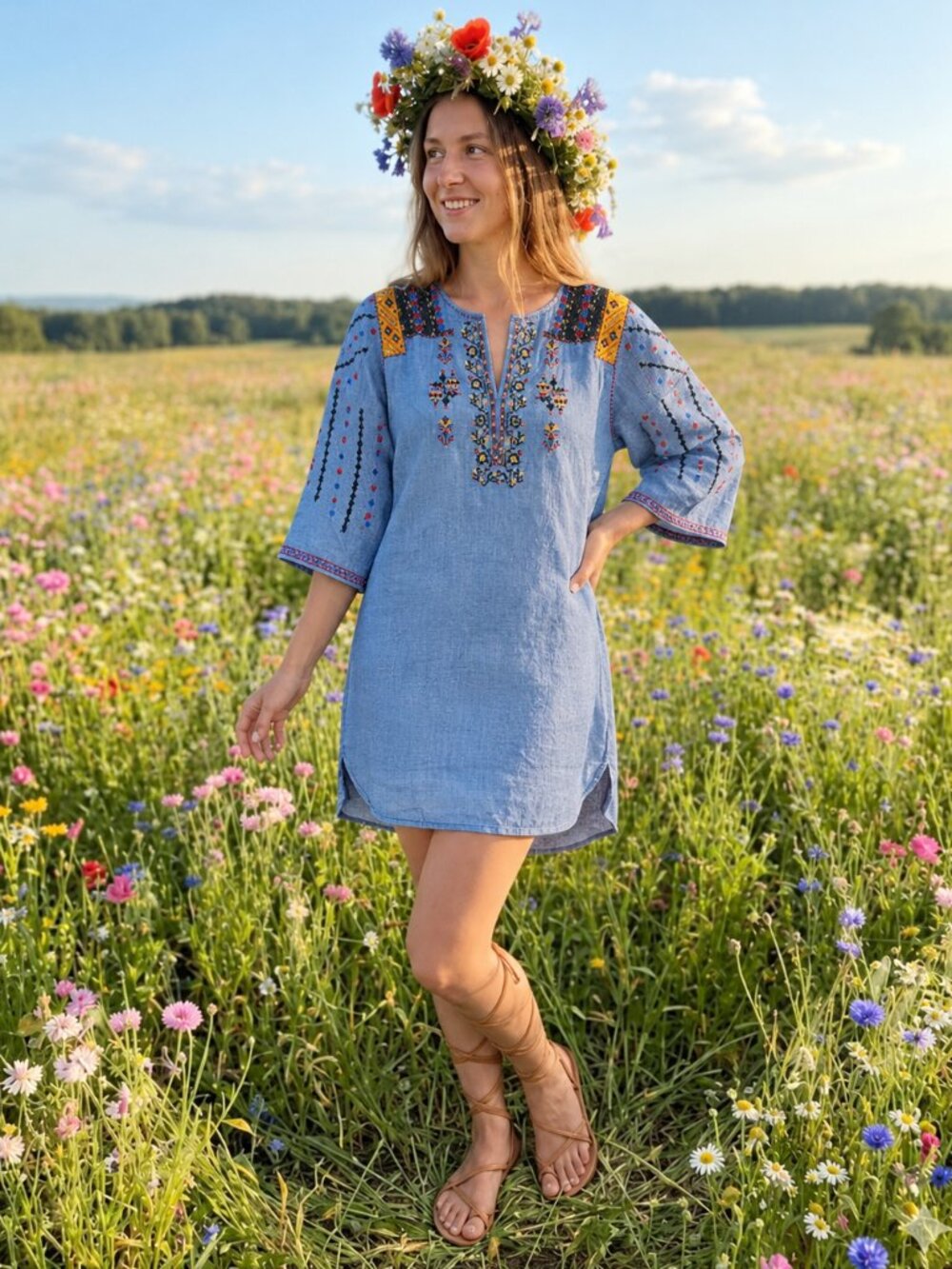 BCBGMaxAzria NWOT Chambray Embroidered Mini Dress Boho Folk Art Size S